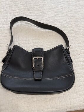 Coach Black Leather Shoulder Bag with Buckle Accent